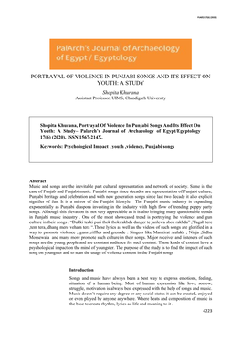 PORTRAYAL of VIOLENCE in PUNJABI SONGS and ITS EFFECT on YOUTH: a STUDY Shopita Khurana Assistant Professor, UIMS, Chandigarh University