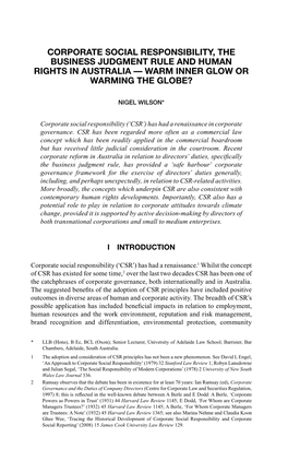 Corporate Social Responsibility, the Business Judgment Rule and Human Rights in Australia — Warm Inner Glow Or Warming the Globe?