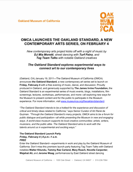 Omca Launches the Oakland Standard, a New Contemporary Arts Series, on February 4