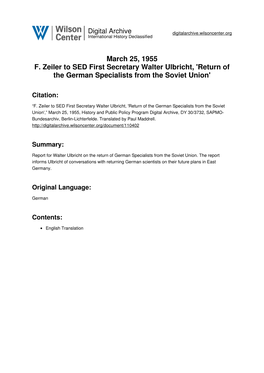 March 25, 1955 F. Zeiler to SED First Secretary Walter Ulbricht, 'Return of the German Specialists from the Soviet Union'