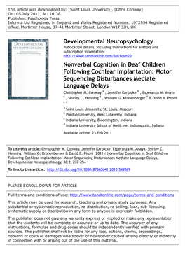 Developmental Neuropsychology Nonverbal Cognition in Deaf Children Following Cochlear Implantation: Motor Sequencing Disturbance