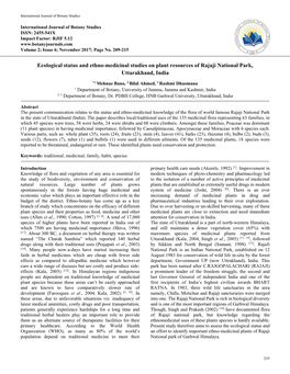 Ecological Status and Ethno-Medicinal Studies on Plant Resources of Rajaji National Park, Uttarakhand, India