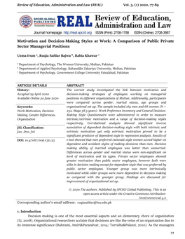 Motivation and Decision-Making Styles at Work: a Comparison of Public Private Sector Managerial Positions