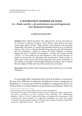 L'inspiration MORBIDE DE DADA Le « Dada Suicide », Des Précurseurs Aux Prolongements Chez Benjamin Fondane