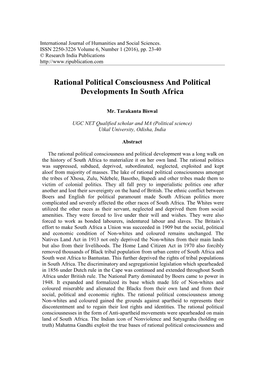 Rational Political Consciousness and Political Developments in South Africa