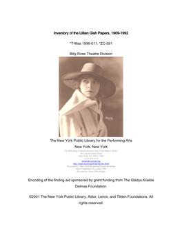 Inventory of the Lillian Gish Papers, 1909-1992 *T-Mss 1996-011