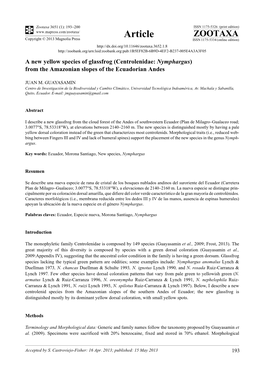 (Centrolenidae: Nymphargus) from the Amazonian Slopes of the Ecuadorian Andes