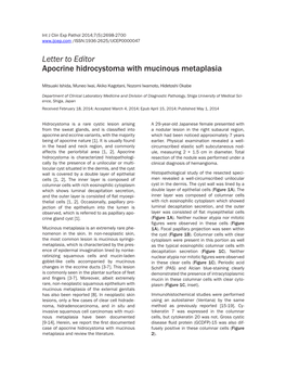 Letter to Editor Apocrine Hidrocystoma with Mucinous Metaplasia