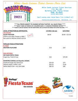 White Sands Leisure Ticket Service Price List