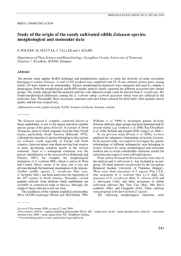 Study of the Origin of the Rarely Cultivated Edible Solanum Species: Morphological and Molecular Data