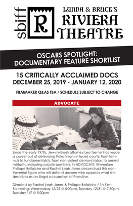 15 Critically Acclaimed Docs December 25, 2019 - January 12, 2020