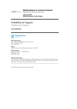 Probability for Linguists Probabilités Pour Les Linguistes