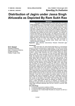 Distribution of Jagirs Under Jassa Singh Ahluwalia As Depicted by Ram Sukh Rao Abstract This Paper Is Based on the Work of Ram Sukh Rao’S “Sri Jassa Singh Singhbinod”