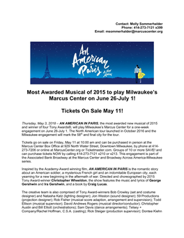 Most Awarded Musical of 2015 to Play Milwaukee's Marcus Center On