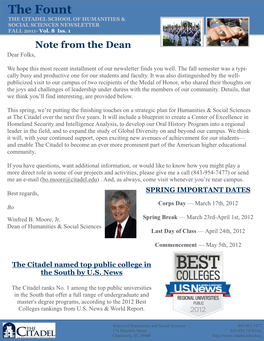 The Fount the CITADEL SCHOOL of HUMANITIES & SOCIAL SCIENCES NEWSLETTER FALL 2011- Vol