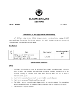 OIL PALM INDIA LIMITED KOTTAYAM OP/SEC/ Tenders/ 22-12-2017