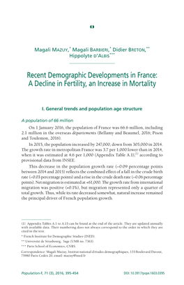 Recent Demographic Developments in France: a Decline in Fertility, an Increase in Mortality