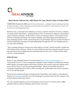 Ideal Advisor Software Inc. Adds Robert H. Lane, Derek Lackey to Senior Roles