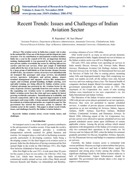 Recent Trends: Issues and Challenges of Indian Aviation Sector