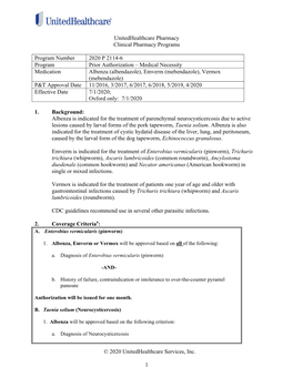 Vermox (Mebendazole) P&T Approval Date 11/2016, 3/2017, 6/2017, 6/2018, 5/2019, 4/2020 Effective Date 7/1/2020; Oxford Only: 7/1/2020