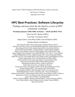 HPC Best Practices: Software Lifecycles San Francisco, California September 28-29, 2009