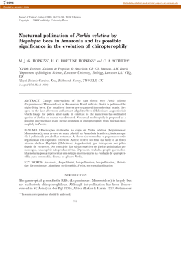 Nocturnal Pollination of Parkia Velutina by Megalopta Bees in Amazonia and Its Possible Signiﬁcance in the Evolution of Chiropterophily