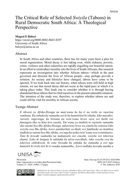 The Critical Role of Selected Swiyila (Taboos) in Rural Democratic South Africa: a Theological Perspective