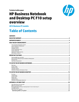 HP Business Notebook and Desktop PC F10 Setup Overview 2014 Business PC Models Table of Contents