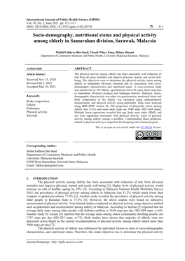Socio-Demography, Nutritional Status and Physical Activity Among Elderly in Samarahan Division, Sarawak, Malaysia
