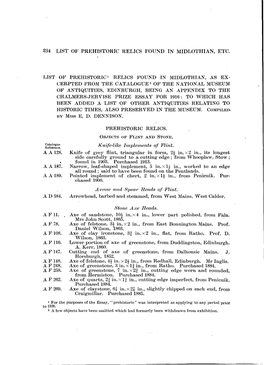 284 List of Prehistoric Relics Found in Midlothian, Etc. Objects of Flint and Stone