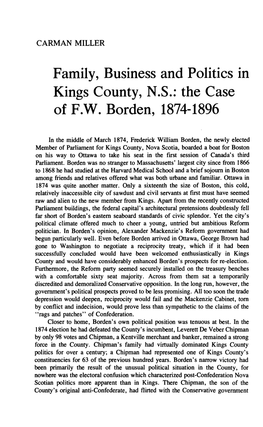 Family, Business and Politics in Kings County, N.S.: the Case of F.W. Borden, 1874-1896