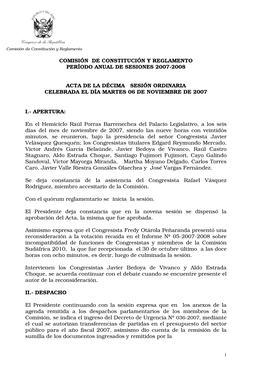 Comisión De Constitución Y Reglamento Período Anual De Sesiones 2007-2008 Acta De La Décima Sesión Ordinaria Celebrada