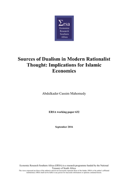 Sources of Dualism in Modern Rationalist Thought: Implications for Islamic Economics