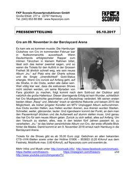 PRESSEMITTEILUNG 05.10.2017 Cro Am 09. November in Der