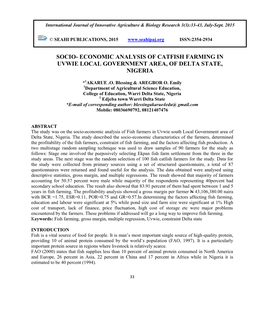 Socio- Economic Analysis of Catfish Farming in Uvwie Local Government Area, of Delta State, Nigeria