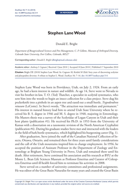 Stephen Lane Wood 7 Doi: 10.3897/Zookeys.56.514 in MEMORIAM Launched to Accelerate Biodiversity Research