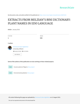 Extracts from Melzian's Bini Dictionary: Plant Names In