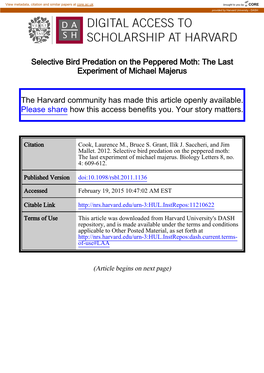 Selective Bird Predation on the Peppered Moth: the Last Experiment of Michael Majerus