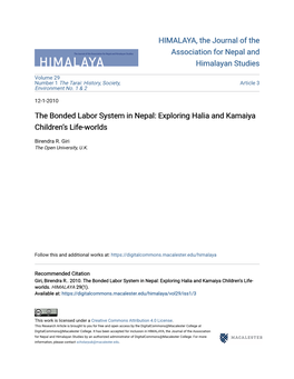 The Bonded Labor System in Nepal: Exploring Halia and Kamaiya Children’S Life-Worlds