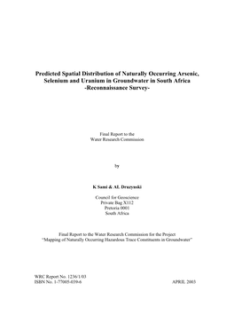 Predicted Spatial Distribution of Naturally Occurring Arsenic, Selenium and Uranium in Groundwater in South Africa -Reconnaissance Survey