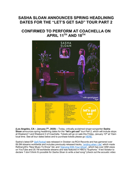 Sasha Sloan Announces Spring Headlining Dates for the “Let's Get Sad” Tour Part 2 Confirmed to Perform at Coachella On