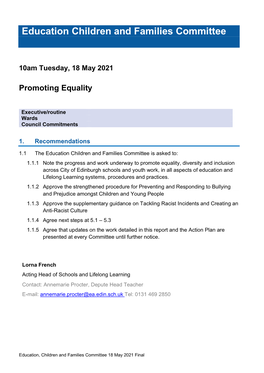 Education Children and Families Committee 10Am Tuesday, 18 May