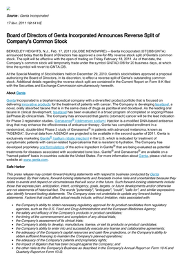 Board of Directors of Genta Incorporated Announces Reverse Split of Company's Common Stock