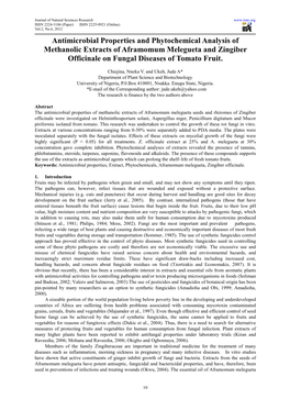 Antimicrobial Properties and Phytochemical Analysis of Methanolic Extracts of Aframomum Melegueta and Zingiber Officinale on Fungal Diseases of Tomato Fruit