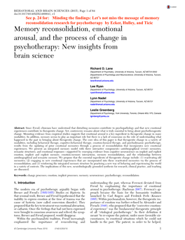 Memory Reconsolidation, Emotional Arousal, and the Process of Change in Psychotherapy: New Insights from Brain Science