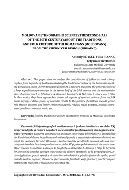 Moldovan Ethnographic Science (The Second Half of the 20Th Century)