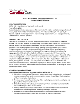 Hotel, Restaurant, Tourism Management 280 Foundations of Tourism