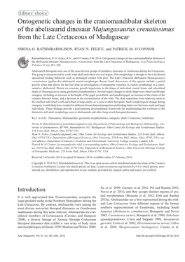 Ontogenetic Changes in the Craniomandibular Skeleton of the Abelisaurid Dinosaur Majungasaurus Crenatissimus from the Late Cretaceous of Madagascar