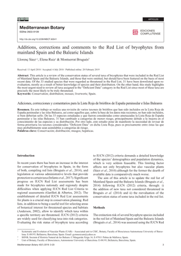 Additions, Corrections and Comments to the Red List of Bryophytes from Mainland Spain and the Balearic Islands Llorenç Sáez1,2, Elena Ruiz3 & Montserrat Brugués3