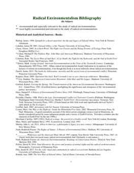 Radical Environmentalism Bibliography (By Subject)